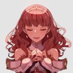  1girl bare_shoulders celica_(fire_emblem) closed_eyes detached_collar earrings fire_emblem fire_emblem_echoes:_mou_hitori_no_eiyuuou grey_background hairband hands_clasped jewelry long_hair nintendo open_mouth own_hands_together pikapika_hoppe praying redhead simple_background solo upper_body 
