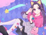  1girl :q aikatsu! aikatsu!_(series) animal_ears argyle argyle_background black_hair blue_background bow braid cat cat_ears check_(check_book) clouds commentary_request dress fake_animal_ears grey_dress heart long_hair long_sleeves looking_at_viewer no_bangs orange_bow paw_pose pink_bow pink_capelet polka_dot_capelet print_dress shirakaba_risa shooting_star slippers solo sparkle thigh-highs tongue tongue_out violet_eyes white_legwear 