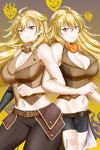  2girls ahoge alfred_cullado belt black_shorts blonde_hair breasts brown_jacket brown_pants cleavage highres jacket large_breasts long_hair midriff multiple_girls orange_scarf pants prosthesis prosthetic_arm puffy_short_sleeves puffy_sleeves red_eyes rwby scarf shirt short_sleeves shorts smile strapless tubetop waist_cape wavy_hair yang_xiao_long yellow_shirt 