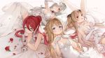 4girls absurdres alternate_costume alternate_hairstyle animal_ears artist_request blue_eyes breasts brown_hair cat_ears cleavage dress elbow_gloves g36c_(girls_frontline) girls_frontline gloves half_gloves heterochromia highres lace lace_gloves large_breasts long_hair lying medium_breasts mk23_(girls_frontline) multiple_girls official_art on_back on_side ponytail red_eyes redhead strapless strapless_dress suomi_kp31_(girls_frontline) t-5000_(girls_frontline) thigh-highs wedding_dress white_dress white_hair 