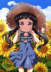  1girl bangs black_hair blue_overalls blue_sky child clouds commentary_request cowboy_shot day double_v eyebrows_visible_through_hair field flower flower_field forehead hat hat_ribbon itakurakou1993 long_hair looking_at_viewer low_twintails original outdoors overall_skirt ribbon shirt short_sleeves sky smile solo standing straw_hat striped striped_shirt summer sunflower twintails v violet_eyes wind wind_lift 