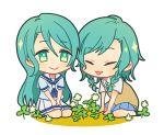  2girls :&gt; aqua_hair bang_dream! blue_neckwear blue_shirt blue_skirt chibi closed_eyes clover clover_(flower) commentary_request flower four-leaf_clover green_eyes hanasakigawa_school_uniform hands_on_lap haneoka_school_uniform hikawa_hina hikawa_sayo long_hair miniskirt multiple_girls neckerchief on_ground open_mouth outdoors pleated_skirt school_uniform seiza serafuku shirt short_hair short_sleeves siblings side_braids simple_background sisters sitting skirt smile sweater_vest tozaki_(r_sailing) triangle_mouth twins wariza white_background white_skirt 