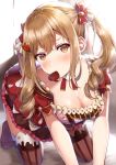  1girl absurdres all_fours bang_dream! bangs blonde_hair blush bow breasts brown_eyes chocolate chocolate_heart cleavage commentary_request detached_collar dress hair_bow hair_ornament heart heart_hair_ornament highres ichigaya_arisa large_breasts long_hair looking_at_viewer mia_(fai1510) mouth_hold neck_ribbon no_shoes red_bow red_neckwear ribbon short_sleeves sidelocks solo striped striped_legwear thigh-highs twintails vertical-striped_legwear vertical_stripes white_day 