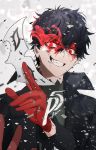  1boy amamiya_ren artist_request black_hair blood crazy_eyes crazy_smile curly_hair gloves highres looking_at_viewer male_focus mask persona persona_5 red_gloves short_hair smile solo 