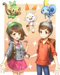  &gt;_&lt; 1boy 1girl 2578221183 :d absurdres backpack bag bangs beanie blue_eyes blush brown_eyes brown_hair cardigan closed_eyes closed_mouth commentary_request cowboy_shot creatures_(company) d: eyebrows eyebrows_visible_through_hair facing_viewer female_protagonist_(pokemon_swsh) game_freak gen_8_pokemon green_hat grookey hair_between_eyes hat highres holding holding_poke_ball long_sleeves looking_at_viewer male_protagonist_(pokemon_swsh) nintendo open_mouth poke_ball poke_ball_(generic) pokemon pokemon_(creature) pokemon_(game) pokemon_swsh red_shirt scorbunny shiny shiny_hair shirt short_hair simple_background smile sobble standing star tam_o&#039;_shanter upper_teeth xd 