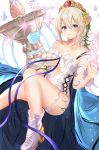  1girl :o bare_legs bare_shoulders blonde_hair blue_cape blue_eyes blue_flower blue_ribbon blush boots breasts cape center_opening cleavage collarbone commentary_request crown europa_(granblue_fantasy) flower gem granblue_fantasy hair_between_eyes hair_flower hair_ornament hand_up highres knee_up large_breasts looking_at_viewer parted_lips petals ria_(riarea00) ribbon rose short_hair sidelocks solo thighs white_background white_footwear yellow_flower 