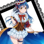  1girl bangs blue_hair cape card commentary_request cowboy_shot frills fur_trim gloves hair_between_eyes hat heart holding holding_card leg_garter long_hair looking_at_viewer love_live! love_live!_school_idol_festival love_live!_school_idol_project mechiko_(mmttkknn) smile solo sonoda_umi white_gloves yellow_eyes 