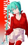  :t belt breasts buttons candy cleavage collarbone collared_shirt food green_eyes green_hair green_pupils hatsune_miku lollipop long_hair long_sleeves medium_breasts nail_polish red_legwear red_nails red_shirt shadow shirt shorts simple_background thigh-highs vocaloid white_belt white_shorts yamakawa zettai_ryouiki 
