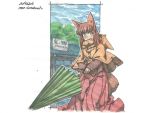  1girl :d animal_ears blush brown_hair capelet fox_ears fox_girl fox_tail green_eyes long_skirt meiz open_mouth original skirt smile tail traditional_media umbrella watercolor_(medium) 