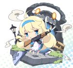  1girl :&lt; ahoge ak-47 apron assault_rifle bangs blonde_hair blue_dress blue_eyes blue_footwear blue_hairband blush chibi closed_mouth commentary_request copyright_request dress eyebrows_visible_through_hair gun hair_between_eyes hairband halftone halftone_background holding holding_gun holding_weapon lamppost leaning_to_the_side long_hair long_sleeves looking_at_viewer maid_apron mary_janes milkpanda rifle shoes solo standing very_long_hair weapon white_apron white_background 