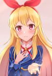  1girl aikatsu! aikatsu!_(series) bangs blonde_hair blue_jacket blush brown_background closed_mouth commentary_request eyebrows_visible_through_hair fingernails hair_between_eyes hair_ribbon hairband hand_up hoshimiya_ichigo jacket long_hair long_sleeves red_eyes red_hairband red_ribbon ribbon rurukuru school_uniform shirt simple_background smile solo starlight_academy_uniform upper_body white_shirt 