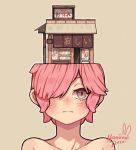  1girl artist_name bangs blush brown_background building grey_eyes hair_over_one_eye hanaan looking_at_viewer object_on_head original outline pink_hair portrait shop short_hair signature solo white_outline 