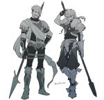  2boys achilles_(fate) arm_up armored_boots asaya_minoru bangs boots cu_chulainn_(fate/prototype) eyebrows_visible_through_hair fate/apocrypha fate/prototype fate_(series) fur_trim gloves green_eyes hair_between_eyes hand_on_hip holding holding_spear holding_weapon knee_boots long_hair low_ponytail male_focus monochrome multiple_boys open_mouth parted_lips pauldrons polearm ponytail puffy_pants simple_background spear standing twitter_username v-shaped_eyebrows vambraces weapon white_background 