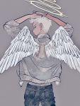  1boy angel angel_wings blue_eyes cowboy_shot denim feathered_wings from_behind grey_background grey_jacket halo hands_on_own_head highres jacket jeans looking_back male_focus original pants profile short_hair simple_background solo torn_jacket uzuta white_hair white_wings wings 