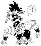  2boys :d armor arms_at_sides black_eyes black_hair clenched_teeth dragon_ball dragon_ball_super_broly facial_hair fingernails frown height_difference highres lee_(dragon_garou) looking_at_another looking_down looking_up male_focus monochrome multiple_boys mustache nappa nervous open_mouth outstretched_arms scouter short_hair simple_background smile son_gokuu spiky_hair standing standing_on_one_leg standing_on_person sweatdrop tail teeth thought_bubble translation_request upper_body white_background younger 