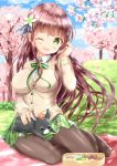  1girl ;d animal anko_(gochiusa) bangs blush bow breasts brown_cardigan brown_hair brown_legwear cardigan cherry_blossoms collared_shirt commentary_request crown day dress_shirt eyebrows_visible_through_hair flower gochuumon_wa_usagi_desu_ka? grass green_bow green_flower green_skirt hair_flower hair_ornament hand_up head_tilt highres large_breasts long_hair long_sleeves mini_crown no_shoes obentou one_eye_closed open_mouth outdoors pantyhose pink_flower pleated_skirt rabbit shirt sitting skirt smile striped striped_bow tree ujimatsu_chiya very_long_hair wariza white_shirt zenon_(for_achieve) 