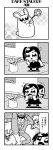  1girl 2boys 4koma :3 amane_(bkub) bangs bkub blush buck_teeth comic door dress emphasis_lines eyebrows_visible_through_hair fang flower flying_sweatdrops greyscale hair_ornament hair_scrunchie halftone highres holding holding_flower honey_come_chatka!! kicking komikado_sachi long_hair monochrome multiple_boys one_side_up pointing pointing_at_self rabbit scrunchie security_guard shirt short_hair side_ponytail sidelocks simple_background sparkle speech_bubble standing swept_bangs talking translation_request two-tone_background 