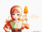  1girl blush breasts closed_mouth commentary_request curly_hair dragon_quest dragon_quest_vii dress fire green_eyes hat hood long_hair looking_at_viewer magic maribel_(dq7) redhead simple_background solo white_background 