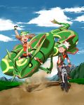 1boy 1girl arm_up backpack bag bandanna bicycle bike_shorts black_pants black_shorts blue_sky breasts brown_hair clenched_teeth closed_eyes clouds cloudy_sky collared_dress commentary_request creatures_(company) donnpati dress fanny_pack fingerless_gloves game_freak gen_3_pokemon gloves green_bandana green_eyes ground_vehicle haruka_(pokemon) hat highres legendary_pokemon looking_at_another mountain nintendo open_mouth orange_dress orange_gloves pants path pocket pokemon pokemon_(creature) pokemon_(game) pokemon_emerald pokemon_rse rayquaza riding_pokemon road shoes short_hair short_sleeves shorts shows sign sky sleeveless sleeveless_dress smile sweatdrop teeth wing_collar yuuki_(pokemon) 