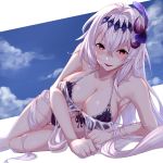  1girl :d absurdres bangs bare_shoulders bikini blush breasts cleavage closed_eyes collarbone dark_jeanne feathers fifty1202 flower granblue_fantasy hair_between_eyes hair_feathers hair_flower hair_ornament highres large_breasts long_hair looking_at_viewer lying off_shoulder on_side open_mouth outside_border purple_bikini red_eyes see-through sidelocks silver_hair smile solo swimsuit 