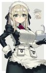  2girls alternate_costume apron bangs bismarck_(kantai_collection) black_dress black_gloves black_hat black_ribbon blonde_hair breasts chibi chibi_inset closed_eyes closed_mouth commentary_request cowboy_shot cup dress enmaided eyebrows_visible_through_hair gloves graf_zeppelin_(kantai_collection) green_eyes grey_background hair_between_eyes hair_ribbon hand_on_hip hat highres holding holding_tray itsumo_nokoru kantai_collection large_breasts light_blush long_hair long_sleeves looking_at_viewer maid maid_headdress milk_carton multiple_girls neck_ribbon peaked_cap pocket red_neckwear red_ribbon ribbon sidelocks simple_background sleeve_cuffs solo_focus sparkle teacup tray twintails v-shaped_eyebrows white_apron 