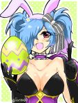  1girl alternate_costume animal_ears black_gloves blue_hair breasts choker cleavage easter_egg egg fake_animal_ears fang fire_emblem fire_emblem_heroes fire_emblem_if frilled_choker frills gloves gradient_hair hair_over_one_eye holding index_finger_raised multicolored_hair nintendo open_mouth pieri_(fire_emblem_if) pink_hair rabbit_ears red_eyes solo twintails twitter_username upper_body yukia_(firstaid0) 