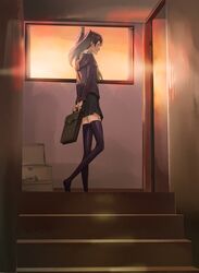  arms_behind bag door kujikawa_rise long_hair makacoon miniskirt persona persona_4 purple_hair satchel school_bag school_uniform skirt stairs sunset thigh-highs thighhighs twintails zettai_ryouiki 