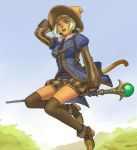  broom broom_riding final_fantasy final_fantasy_xi flying hat mithra quot solo staff tail thighhighs witch_hat 