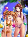  2girls ball bikini blue_eyes brown_hair frilled_bikini frills hairband highres idolmaster idolmaster_million_live! k.sho leaning_forward long_hair multiple_girls open_mouth palm_tree pink_bikini red_eyes smile standing swimsuit takatsuki_yayoi tanaka_kotoha tree yellow_bikini 