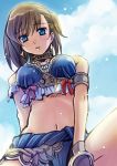  blue_eyes blush breasts brown_hair cloud final_fantasy final_fantasy_xi from_below hume jewelry looking_down naruse_chisato naruti navel necklace solo swimsuit 