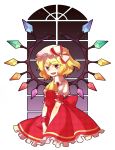  bad_id blonde_hair bow colored_eyelashes eyelashes fang flandre_scarlet fuyu_kitsune hair_bow hat large_bow no_nose open_mouth plaid red_eyes ribbon ribbons short_hair side_ponytail simple_background smile touhou v_arms window wings 