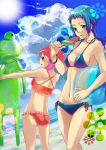  beach bikini blue_hair cloud clouds food frog fruit green_eyes mushi_kei original pink_hair popsicle suika_bar swimsuit watermelon 