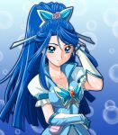  (^_^)_(pixiv198858) adjusting_hair blue blue_background blue_eyes blue_hair breasts bubble bubbles butterfly_hair_ornament cure_aqua detached_sleeves earrings flower futari_wa_pretty_cure hair_ornament hair_ribbon hair_ribbons jewelry long_hair magical_girl minazuki_karen muhi11234 pink_rose ponytail precure ribbon ribbons rose solo yes!_precure_5 