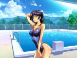  ano_machi_no_koi_no_shi armpits black_hair breasts chainlink_fence cleavage cloud clouds competition_swimsuit erect_nipples fence game_cg kamishima_tomoko kimura_takahiro one-piece_swimsuit orange_eyes outdoors pool short_hair skin_tight sky smile starting_block stretch swimsuit tachi-e tree water 