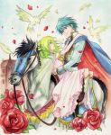  1girl agahari bird birds cape couple dress ephraim fire_emblem fire_emblem:_seima_no_kouseki fire_emblem_sacred_stones flower green_hair horse hug l&#039;arachel petals red_rose rose roses 