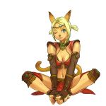  barefoot blonde_hair blue_eyes butterfly_sitting circlet elbow_gloves feet final_fantasy final_fantasy_xi gloves hands_on_feet mithra quot short_hair sitting smile solo tail wink 