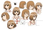  :d ^_^ angry bangs breasts brown_eyes brown_hair character_sheet cleavage clenched_teeth close-up closed_eyes cross elie expressions face frown grin hair_between_eyes hand_to_chin jewelry looking_at_viewer looking_away lowres matsushima_akira model_sheet naughty_face necklace official_art open_mouth pendant profile rave rave_master sad short_hair simple_background smile solo tank_top white_background 