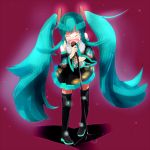  blue_hair closed_eyes detached_sleeves harepore hatsune_miku long_hair microphone skirt thigh-highs thighhighs twintails vocaloid 