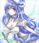  blue_hair breasts cleavage dress hat light long_hair lowres pangya purple_eyes violet_eyes 