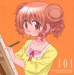  blush cd_cover character_single cookie cover easel eating food hidamari_sketch highres hiro mouth_hold red_eyes scan 