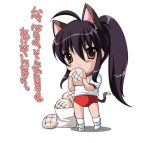  black_hair bread bread_in_mouth brown_eyes buruma cat_ears chibi food gym_uniform long_hair melon_bread meronpan ponytail shakugan_no_shana shana tail translated 