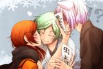  !? 1girl 2boys blush cheek_kiss closed_eyes green_hair japanese_clothes kamisama_hajimemashita kiss mizuki_(kamisama_hajimemashita) momozono_nanami multiple_boys ofuda redhead scarf school_uniform silver_hair smile tomoe_(kamisama_hajimemashita) urakura 