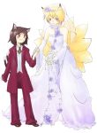  alternate_costume animal_ears bride cat_ears cat_tail chen contemporary dress earrings formal fox_ears fox_tail jewelry multiple_girls multiple_tails pant_suit satou suit tail touhou wedding_dress yakumo_ran 