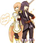  1girl bad_id blue_eyes boots estellise_sidos_heurassein gloves heart heart_of_string long_hair over_shoulder pink_hair short_hair sword sword_over_shoulder tales_of_(series) tales_of_vesperia title_drop weapon weapon_over_shoulder yoshi_92 yuri_lowell 
