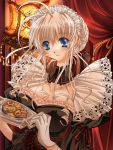  blue_eyes breasts cleavage food gloves maid sakayaki_yuuya tray 