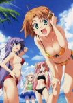  absurdres ahoge beach bent_over bikini blonde_hair blue_eyes blush breasts cleavage cloud clouds green_eyes hair_ribbon hair_ribbons hasumi_ichino highres innertube kurumizawa_suzuki leaning_forward long_hair midriff multiple_girls navel ocean open_mouth orihara_natsumi palm_tree palm_trees pink_hair popsicle purple_hair red_eyes ribbon ribbons sea short_hair side-tie_bikini sky swimsuit takeya_masami te_to_te_try_on tokura_temari tree water 