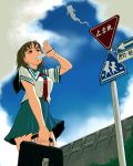  black_hair ghost ittan_momen masao mouth_hold original popsicle road_sign satchel school_bag school_uniform serafuku short_hair sign sky 