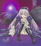  black_wings dress feathers hairband highres long_hair pink_eyes ribbon ribbons rozen_maiden silver_hair sitting suigintou wings 