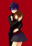  bad_id blue_eyes brown_hair couple hold holding hug purple_hair red_eyes short_hair skirt takeshiko 