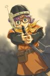  chrono_trigger glasses gun helmet lucca_ashtear purple_hair short_hair solo weapon 